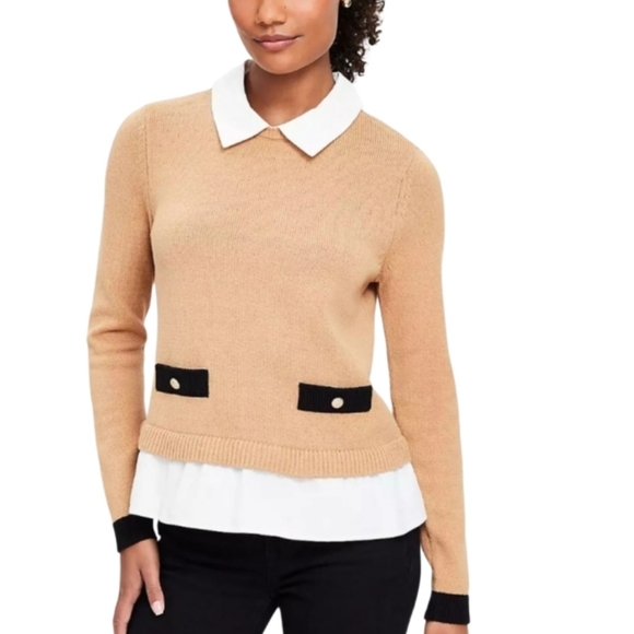 NEW! ANN TAYLOR LOFT Camel Poplin Layered Mix Media Sweater. - Picture 2 of 5